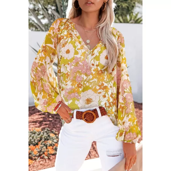 BTFBM Women Casual Boho Blouse Fashion Floral Shirts V Neck Long Puff Sleeve Lightweight Chiffon Summer Fall Tops 2024Floral Yellow
