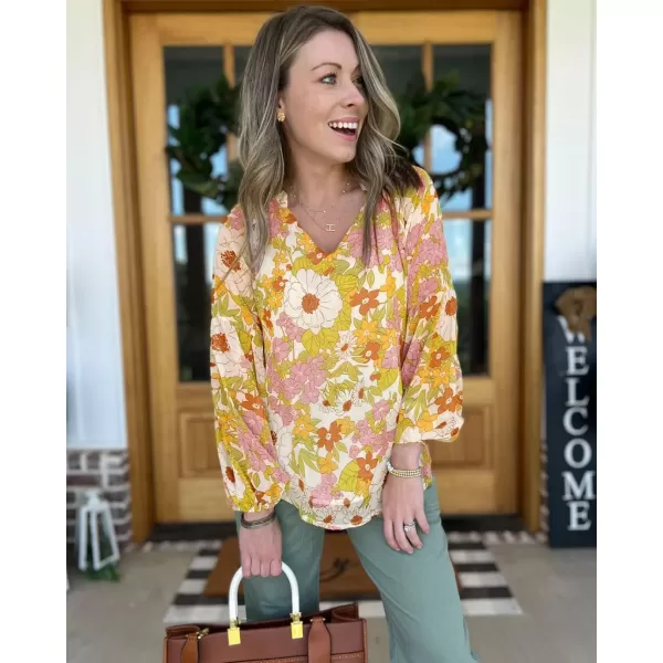 BTFBM Women Casual Boho Blouse Fashion Floral Shirts V Neck Long Puff Sleeve Lightweight Chiffon Summer Fall Tops 2024Floral Yellow