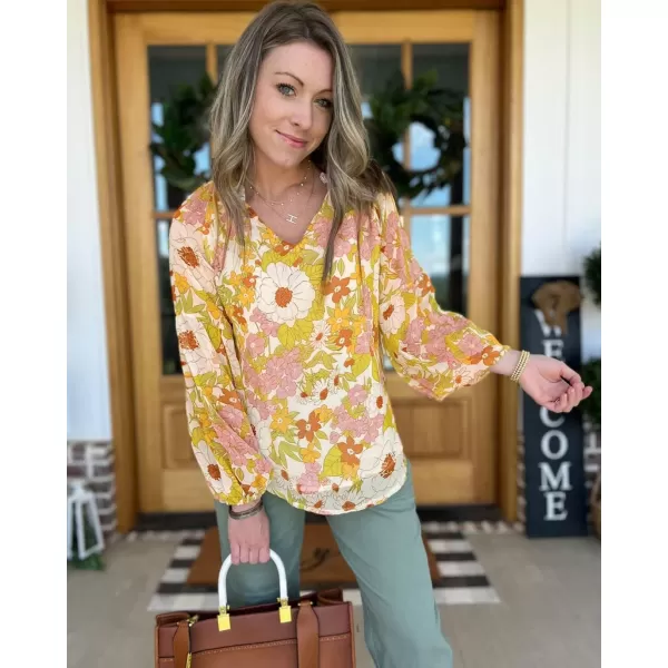 BTFBM Women Casual Boho Blouse Fashion Floral Shirts V Neck Long Puff Sleeve Lightweight Chiffon Summer Fall Tops 2024Floral Yellow