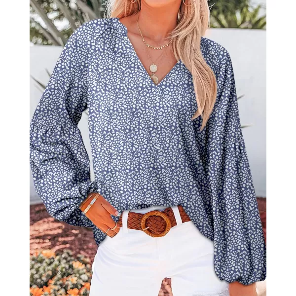 BTFBM Women Casual Boho Blouse Fashion Floral Shirts V Neck Long Puff Sleeve Lightweight Chiffon Summer Fall Tops 2024Leopard Dark Blue