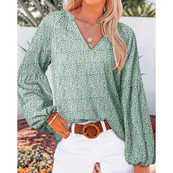 BTFBM Women Casual Boho Blouse Fashion Floral Shirts V Neck Long Puff Sleeve Lightweight Chiffon Summer Fall Tops 2024Leopard Green