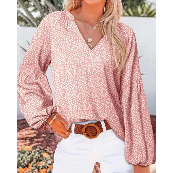 BTFBM Women Casual Boho Blouse Fashion Floral Shirts V Neck Long Puff Sleeve Lightweight Chiffon Summer Fall Tops 2024Leopard Pink