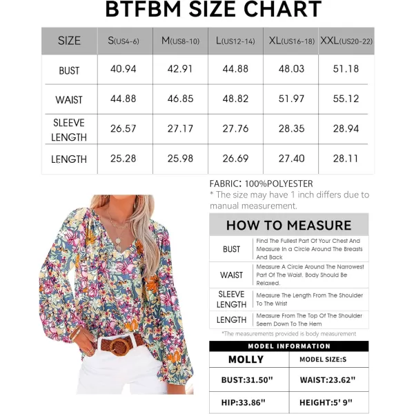 BTFBM Women Casual Boho Blouse Fashion Floral Shirts V Neck Long Puff Sleeve Lightweight Chiffon Summer Fall Tops 2024Multicolor Dark Blue