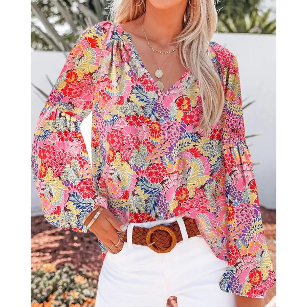 BTFBM Women Casual Boho Blouse Fashion Floral Shirts V Neck Long Puff Sleeve Lightweight Chiffon Summer Fall Tops 2024Multicolor Red