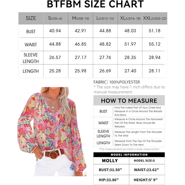 BTFBM Women Casual Boho Blouse Fashion Floral Shirts V Neck Long Puff Sleeve Lightweight Chiffon Summer Fall Tops 2024Multicolor Red