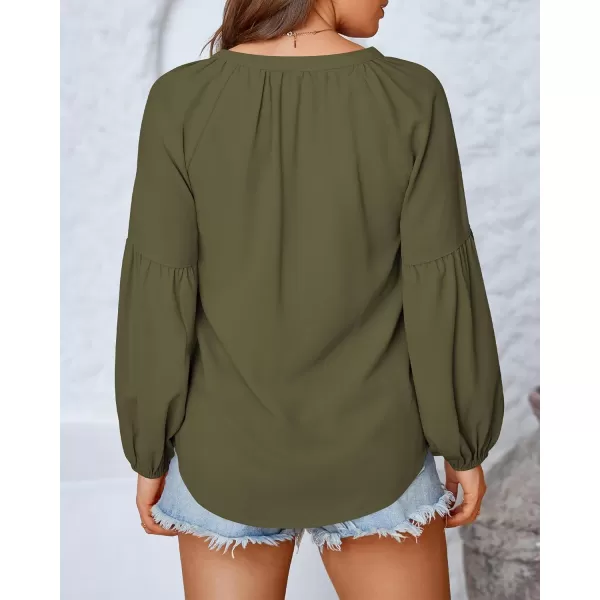 BTFBM Women Casual Boho Blouse Fashion Floral Shirts V Neck Long Puff Sleeve Lightweight Chiffon Summer Fall Tops 2024Solid Army Green
