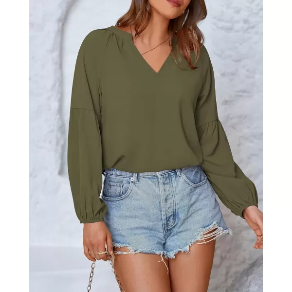 BTFBM Women Casual Boho Blouse Fashion Floral Shirts V Neck Long Puff Sleeve Lightweight Chiffon Summer Fall Tops 2024Solid Army Green