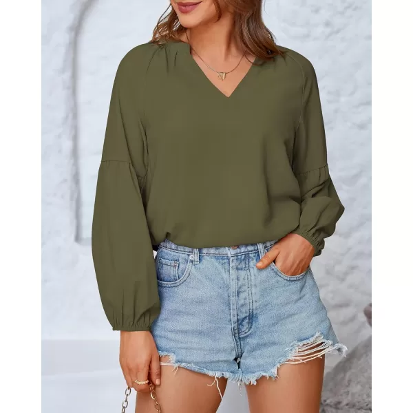 BTFBM Women Casual Boho Blouse Fashion Floral Shirts V Neck Long Puff Sleeve Lightweight Chiffon Summer Fall Tops 2024Solid Army Green