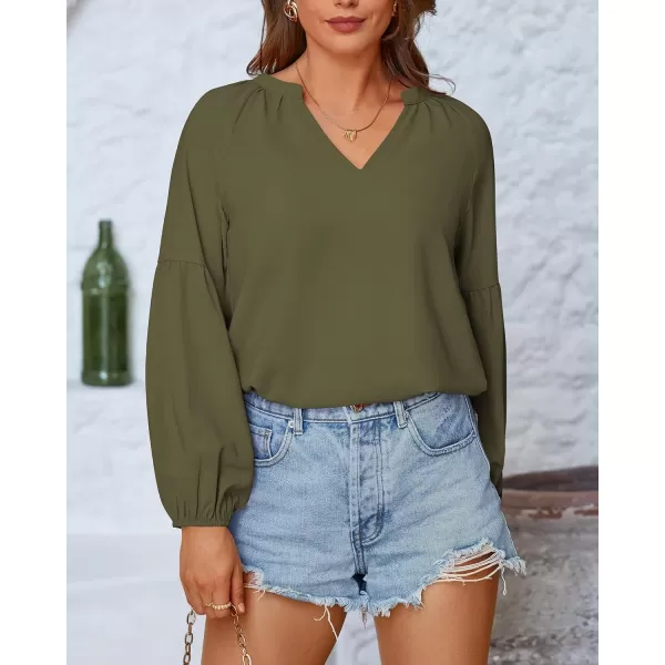 BTFBM Women Casual Boho Blouse Fashion Floral Shirts V Neck Long Puff Sleeve Lightweight Chiffon Summer Fall Tops 2024Solid Army Green