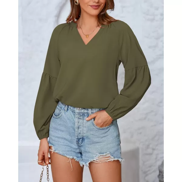 BTFBM Women Casual Boho Blouse Fashion Floral Shirts V Neck Long Puff Sleeve Lightweight Chiffon Summer Fall Tops 2024Solid Army Green