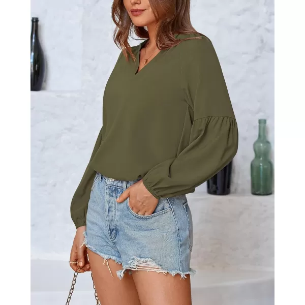 BTFBM Women Casual Boho Blouse Fashion Floral Shirts V Neck Long Puff Sleeve Lightweight Chiffon Summer Fall Tops 2024Solid Army Green