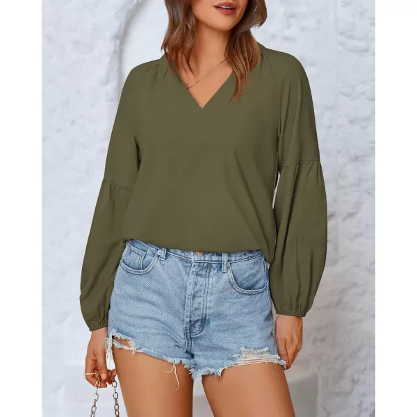 BTFBM Women Casual Boho Blouse Fashion Floral Shirts V Neck Long Puff Sleeve Lightweight Chiffon Summer Fall Tops 2024Solid Army Green