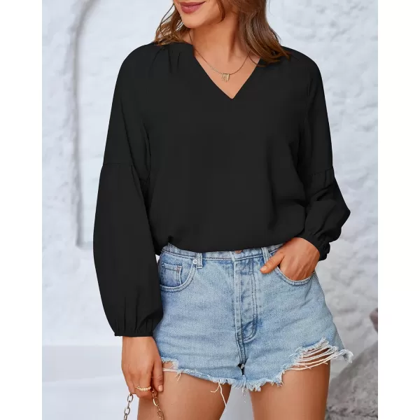 BTFBM Women Casual Boho Blouse Fashion Floral Shirts V Neck Long Puff Sleeve Lightweight Chiffon Summer Fall Tops 2024Solid Black