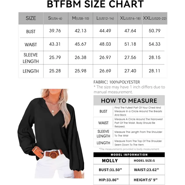 BTFBM Women Casual Boho Blouse Fashion Floral Shirts V Neck Long Puff Sleeve Lightweight Chiffon Summer Fall Tops 2024Solid Black