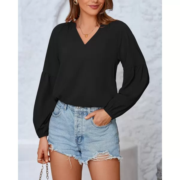 BTFBM Women Casual Boho Blouse Fashion Floral Shirts V Neck Long Puff Sleeve Lightweight Chiffon Summer Fall Tops 2024Solid Black