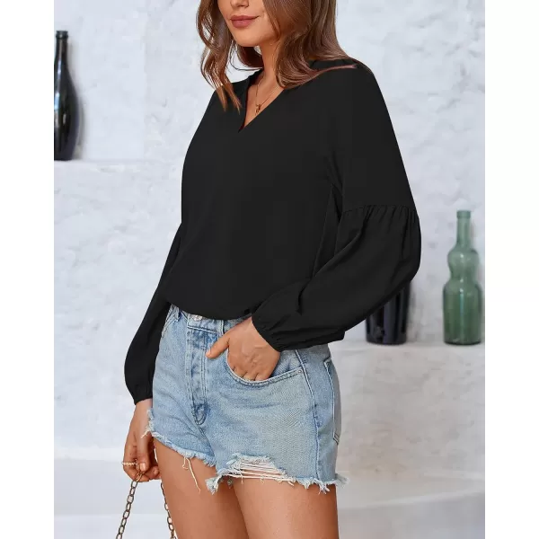 BTFBM Women Casual Boho Blouse Fashion Floral Shirts V Neck Long Puff Sleeve Lightweight Chiffon Summer Fall Tops 2024Solid Black