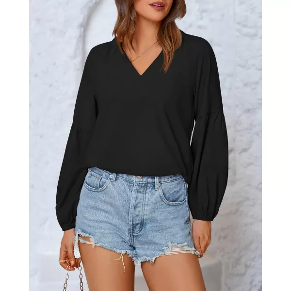 BTFBM Women Casual Boho Blouse Fashion Floral Shirts V Neck Long Puff Sleeve Lightweight Chiffon Summer Fall Tops 2024Solid Black