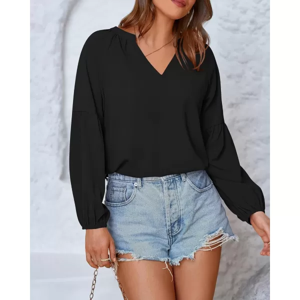 BTFBM Women Casual Boho Blouse Fashion Floral Shirts V Neck Long Puff Sleeve Lightweight Chiffon Summer Fall Tops 2024Solid Black