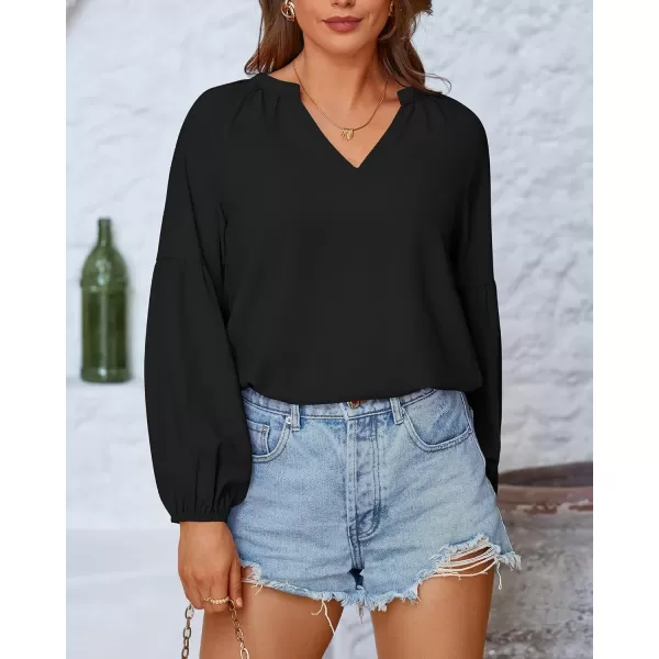 BTFBM Women Casual Boho Blouse Fashion Floral Shirts V Neck Long Puff Sleeve Lightweight Chiffon Summer Fall Tops 2024Solid Black