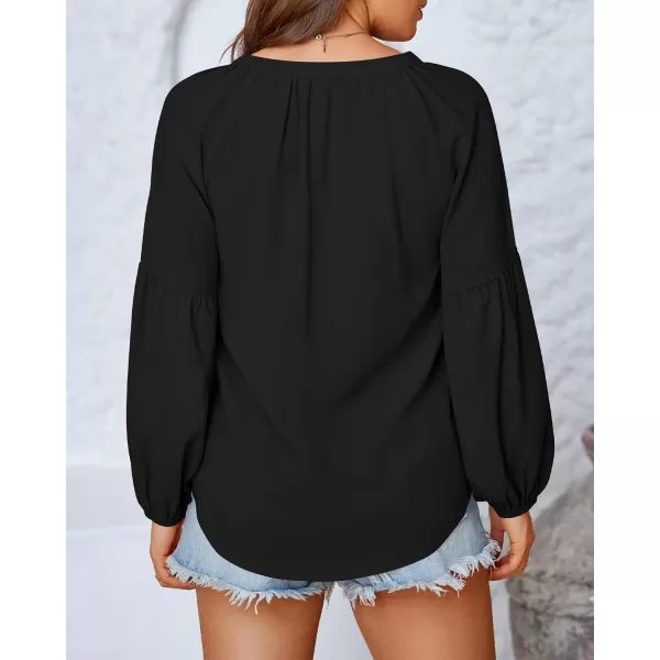 BTFBM Women Casual Boho Blouse Fashion Floral Shirts V Neck Long Puff Sleeve Lightweight Chiffon Summer Fall Tops 2024Solid Black