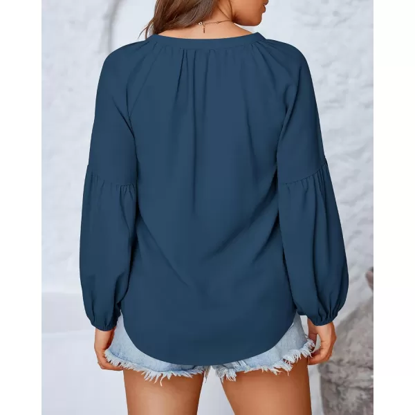 BTFBM Women Casual Boho Blouse Fashion Floral Shirts V Neck Long Puff Sleeve Lightweight Chiffon Summer Fall Tops 2024Solid Blue