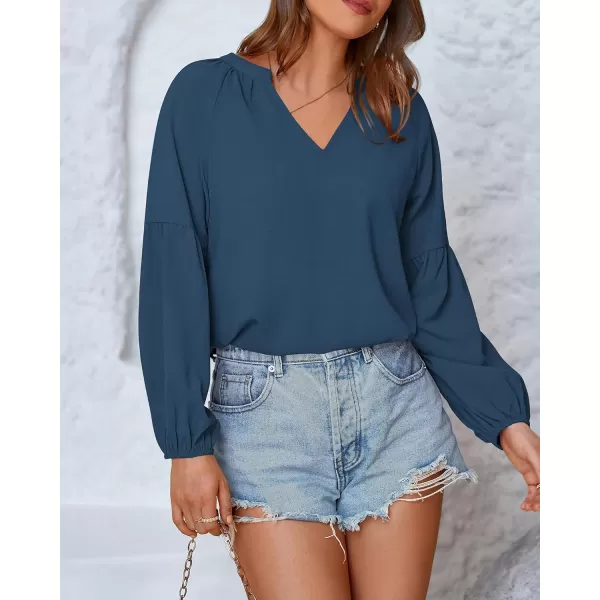 BTFBM Women Casual Boho Blouse Fashion Floral Shirts V Neck Long Puff Sleeve Lightweight Chiffon Summer Fall Tops 2024Solid Blue