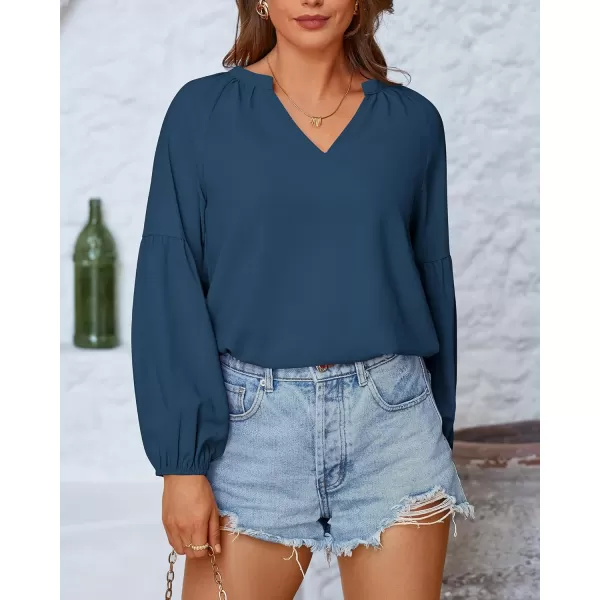 BTFBM Women Casual Boho Blouse Fashion Floral Shirts V Neck Long Puff Sleeve Lightweight Chiffon Summer Fall Tops 2024Solid Blue