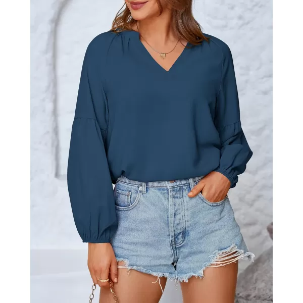 BTFBM Women Casual Boho Blouse Fashion Floral Shirts V Neck Long Puff Sleeve Lightweight Chiffon Summer Fall Tops 2024Solid Blue