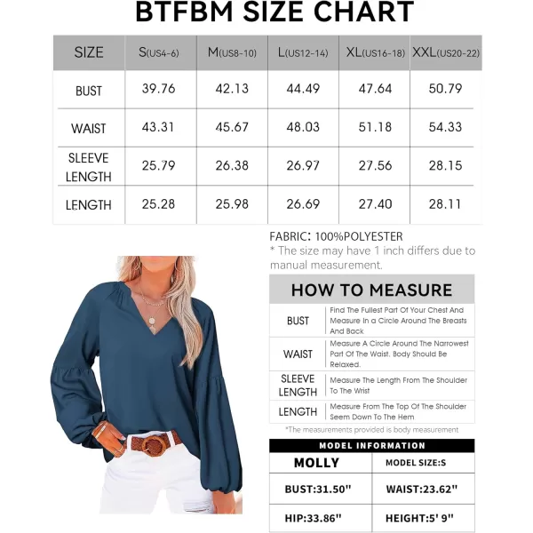 BTFBM Women Casual Boho Blouse Fashion Floral Shirts V Neck Long Puff Sleeve Lightweight Chiffon Summer Fall Tops 2024Solid Blue