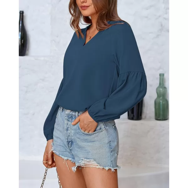 BTFBM Women Casual Boho Blouse Fashion Floral Shirts V Neck Long Puff Sleeve Lightweight Chiffon Summer Fall Tops 2024Solid Blue