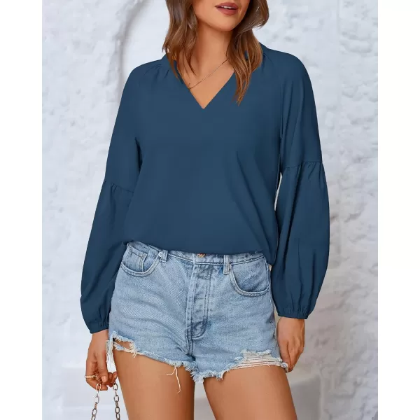 BTFBM Women Casual Boho Blouse Fashion Floral Shirts V Neck Long Puff Sleeve Lightweight Chiffon Summer Fall Tops 2024Solid Blue