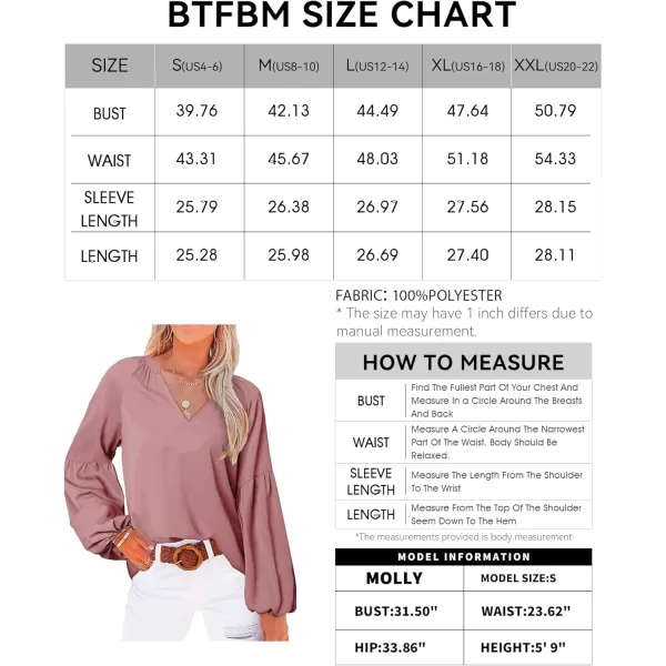 BTFBM Women Casual Boho Blouse Fashion Floral Shirts V Neck Long Puff Sleeve Lightweight Chiffon Summer Fall Tops 2024Solid Dark Pink