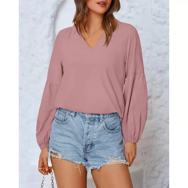 BTFBM Women Casual Boho Blouse Fashion Floral Shirts V Neck Long Puff Sleeve Lightweight Chiffon Summer Fall Tops 2024Solid Dark Pink