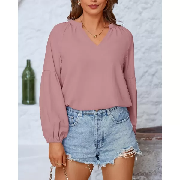 BTFBM Women Casual Boho Blouse Fashion Floral Shirts V Neck Long Puff Sleeve Lightweight Chiffon Summer Fall Tops 2024Solid Dark Pink