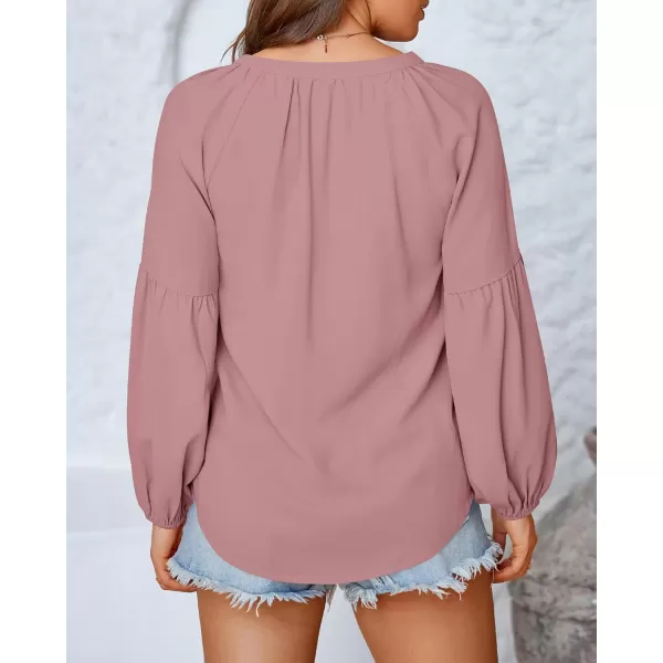 BTFBM Women Casual Boho Blouse Fashion Floral Shirts V Neck Long Puff Sleeve Lightweight Chiffon Summer Fall Tops 2024Solid Dark Pink