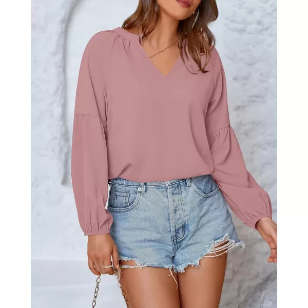 BTFBM Women Casual Boho Blouse Fashion Floral Shirts V Neck Long Puff Sleeve Lightweight Chiffon Summer Fall Tops 2024Solid Dark Pink