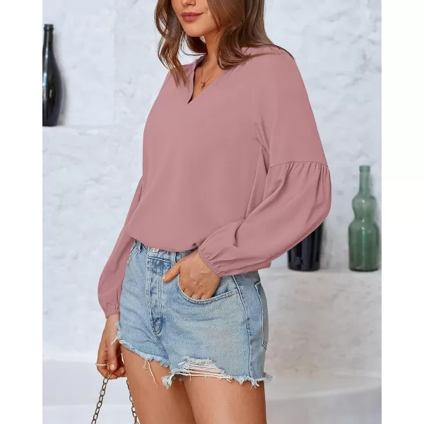 BTFBM Women Casual Boho Blouse Fashion Floral Shirts V Neck Long Puff Sleeve Lightweight Chiffon Summer Fall Tops 2024Solid Dark Pink