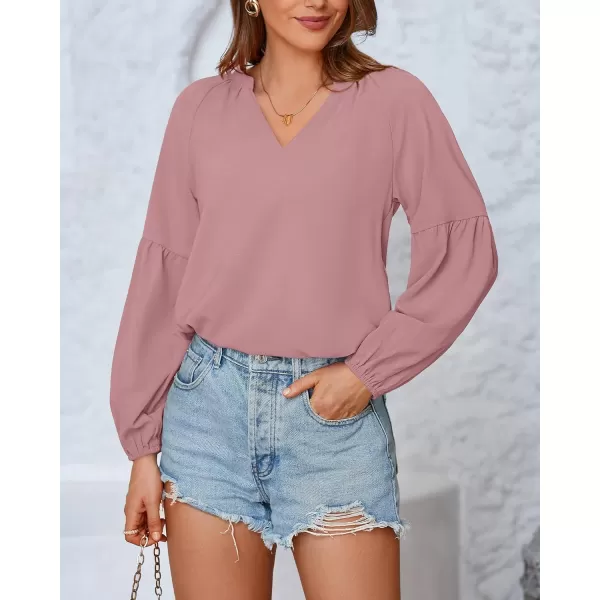 BTFBM Women Casual Boho Blouse Fashion Floral Shirts V Neck Long Puff Sleeve Lightweight Chiffon Summer Fall Tops 2024Solid Dark Pink