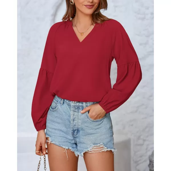 BTFBM Women Casual Boho Blouse Fashion Floral Shirts V Neck Long Puff Sleeve Lightweight Chiffon Summer Fall Tops 2024Solid Red