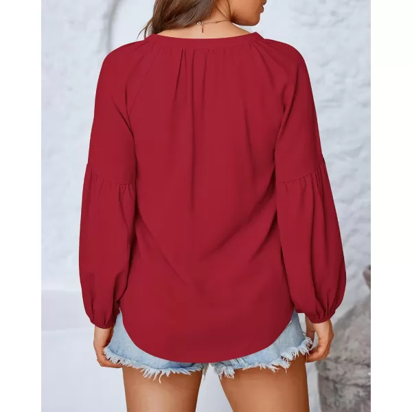 BTFBM Women Casual Boho Blouse Fashion Floral Shirts V Neck Long Puff Sleeve Lightweight Chiffon Summer Fall Tops 2024Solid Red