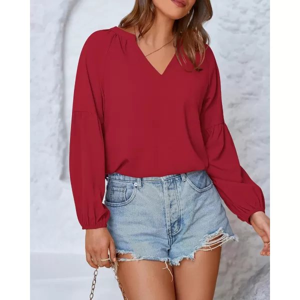 BTFBM Women Casual Boho Blouse Fashion Floral Shirts V Neck Long Puff Sleeve Lightweight Chiffon Summer Fall Tops 2024Solid Red