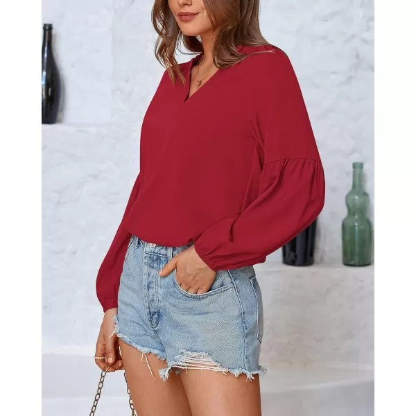 BTFBM Women Casual Boho Blouse Fashion Floral Shirts V Neck Long Puff Sleeve Lightweight Chiffon Summer Fall Tops 2024Solid Red