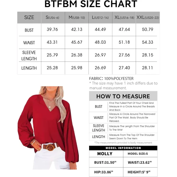 BTFBM Women Casual Boho Blouse Fashion Floral Shirts V Neck Long Puff Sleeve Lightweight Chiffon Summer Fall Tops 2024Solid Red