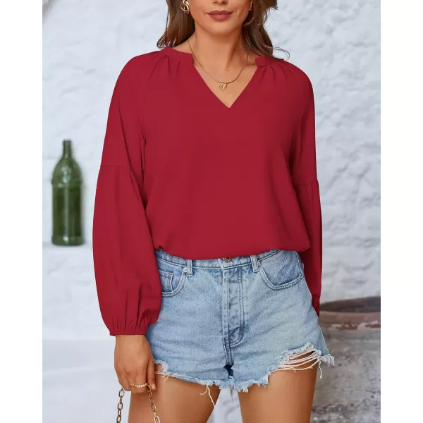 BTFBM Women Casual Boho Blouse Fashion Floral Shirts V Neck Long Puff Sleeve Lightweight Chiffon Summer Fall Tops 2024Solid Red