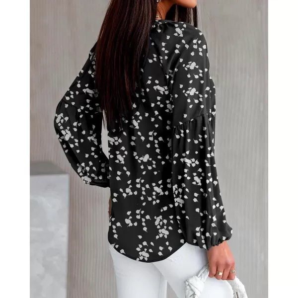 BTFBM Women Casual Boho Blouse Fashion Floral Shirts V Neck Long Puff Sleeve Lightweight Chiffon Summer Fall Tops 2024White Flower Black