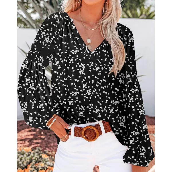 BTFBM Women Casual Boho Blouse Fashion Floral Shirts V Neck Long Puff Sleeve Lightweight Chiffon Summer Fall Tops 2024White Flower Black