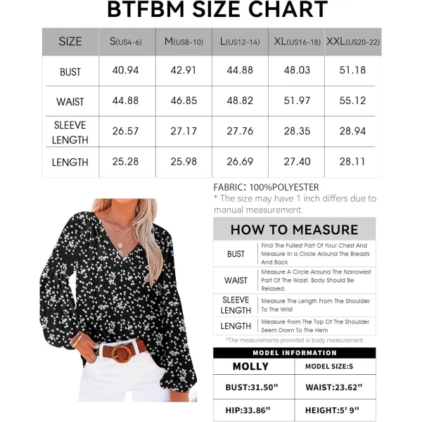 BTFBM Women Casual Boho Blouse Fashion Floral Shirts V Neck Long Puff Sleeve Lightweight Chiffon Summer Fall Tops 2024White Flower Black