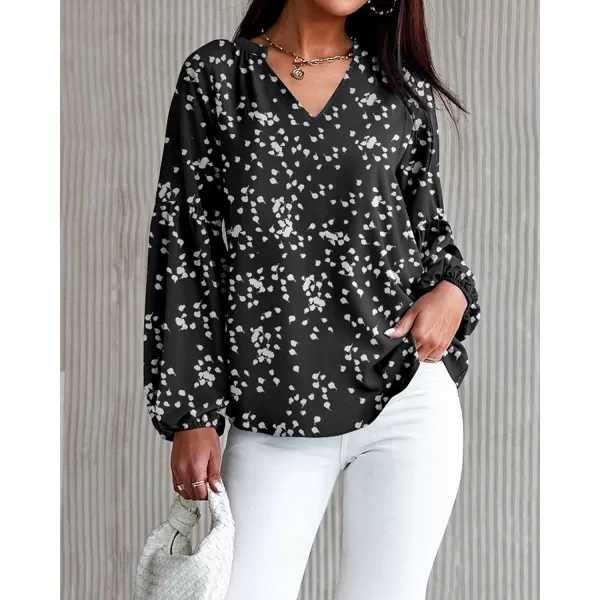 BTFBM Women Casual Boho Blouse Fashion Floral Shirts V Neck Long Puff Sleeve Lightweight Chiffon Summer Fall Tops 2024White Flower Black