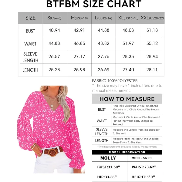BTFBM Women Casual Boho Blouse Fashion Floral Shirts V Neck Long Puff Sleeve Lightweight Chiffon Summer Fall Tops 2024White Flower Rose Red