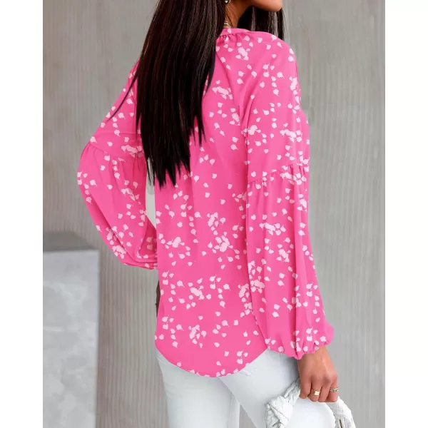 BTFBM Women Casual Boho Blouse Fashion Floral Shirts V Neck Long Puff Sleeve Lightweight Chiffon Summer Fall Tops 2024White Flower Rose Red